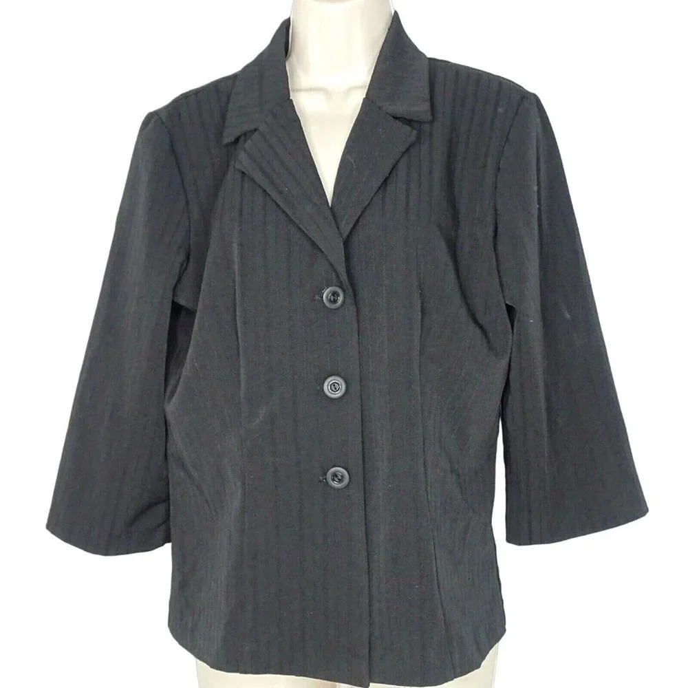 Vtg Vany New York Jacket Blazer Textured Stripe Women Size 14 Black  3/4 Sleeve